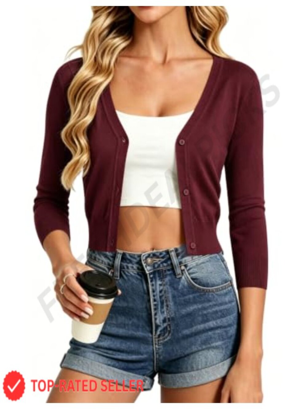 Cropped 3/4 Sleeve Button Down Open Front Knit Cardigan Sweater
